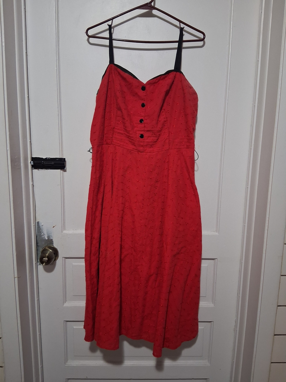 Stop Staring Red Spaghetti Strap Eyelet Dress with Button Front